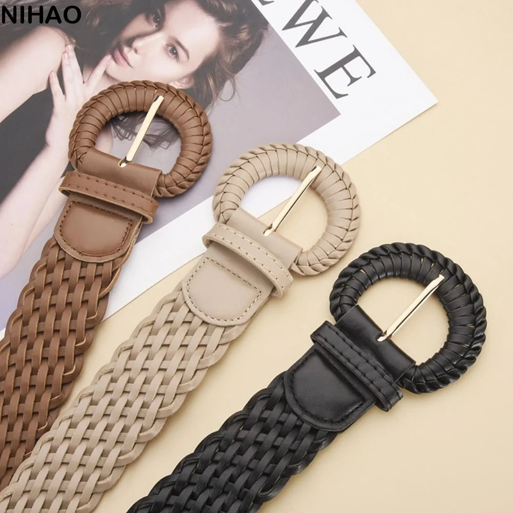 Bohemian Woven Wide Belt – Retro PU Leather Waistband for Women Woven Fashion Belt Axl