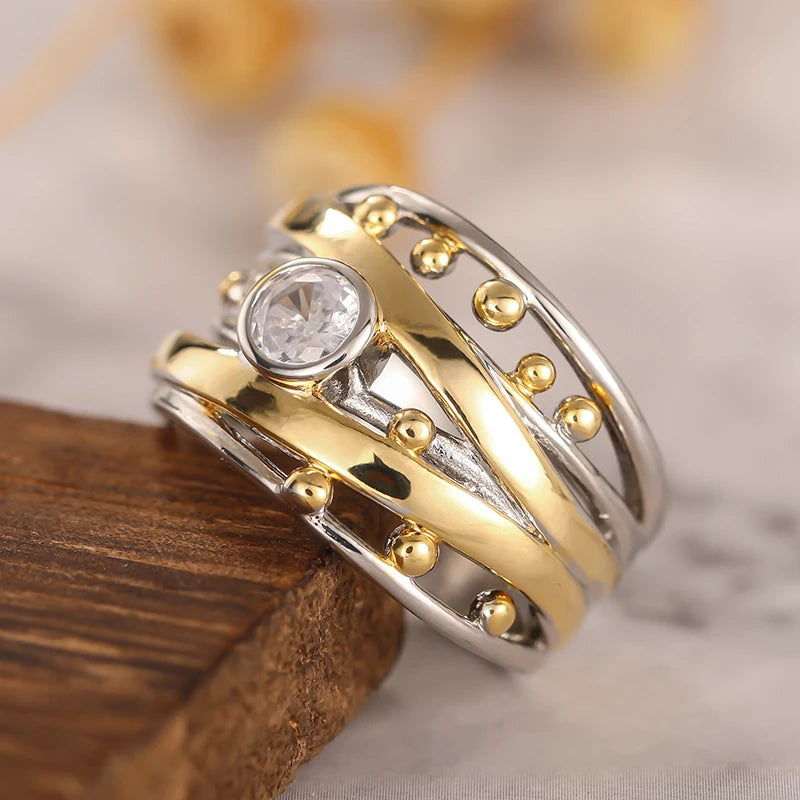 Huitan Two-Tone Cubic Zirconia Ring – Women's Fashion Band Fashion Ring Axl