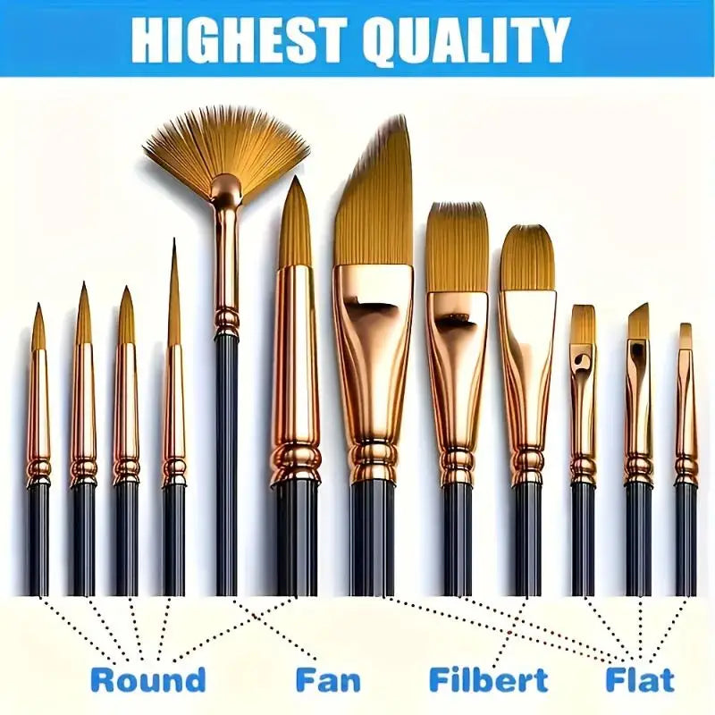 12-Piece Flat Nylon Paint Brush Set – Watercolor, Acrylic & Oil Art Paint Brushes Axl