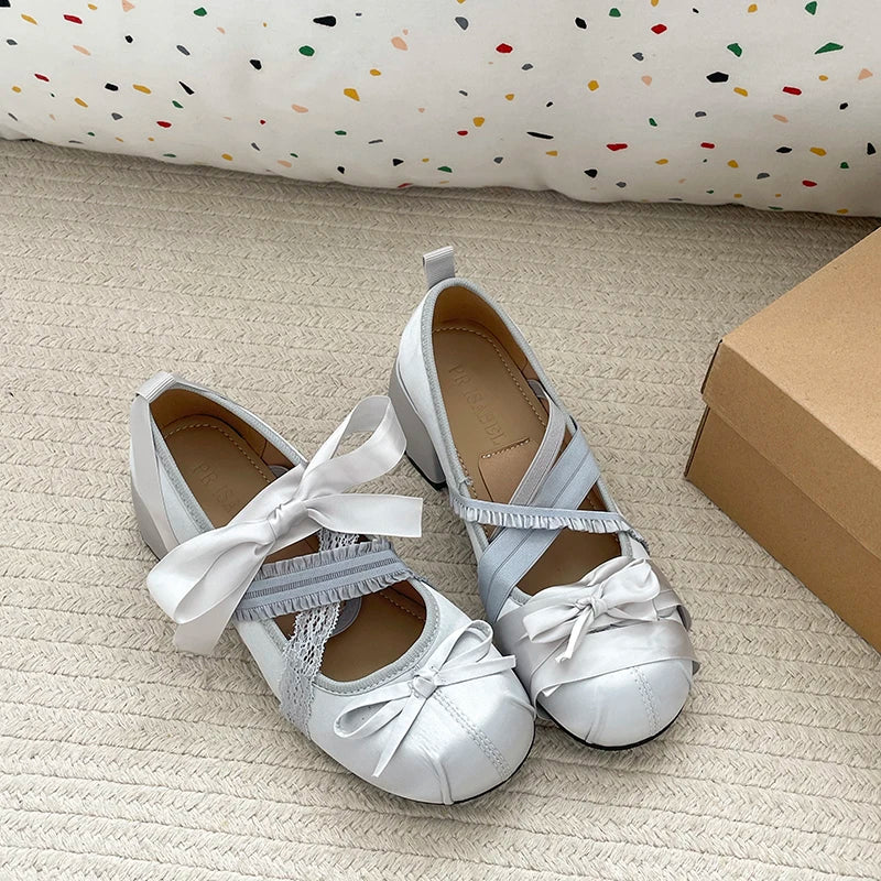 Women's Lace Mary Jane Pumps – Butterfly-Knot Square Heel Mary Jane Pumps Axl Silver 37