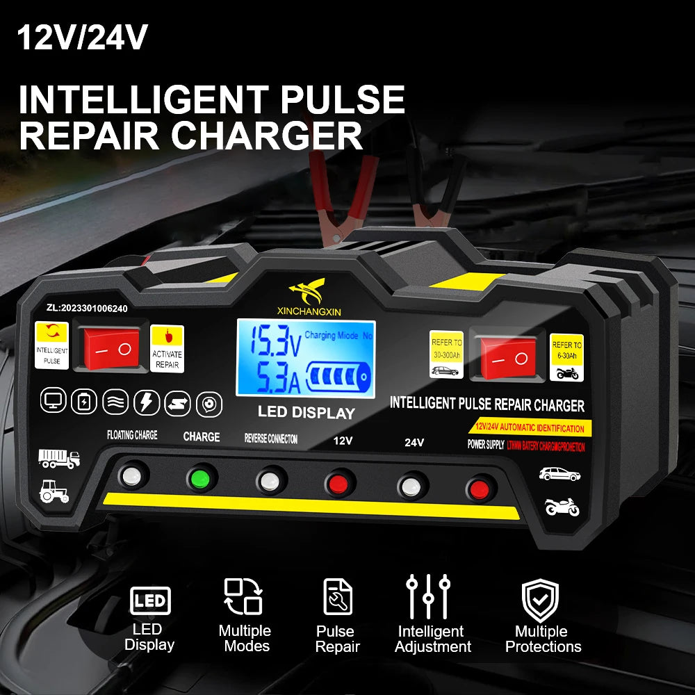 300AH Pulse Repair Car Battery Charger – LCD 12V/24V Auto Battery Charger Axl