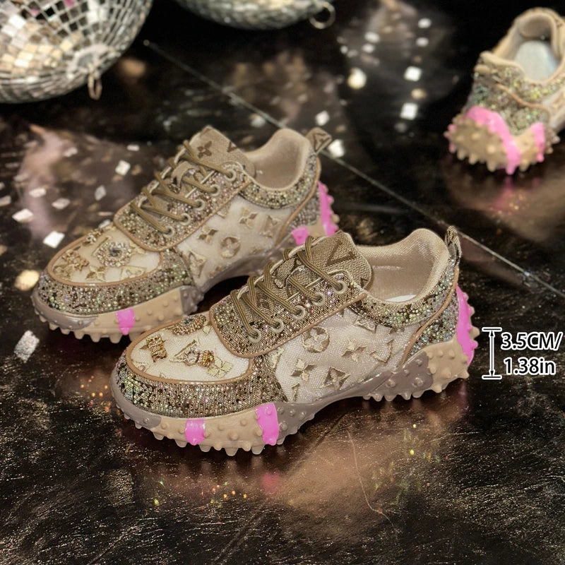 Women's Rhinestone Platform Sneakers – Luxury Casual Shoes Platform Sneakers Axl Khaki 35