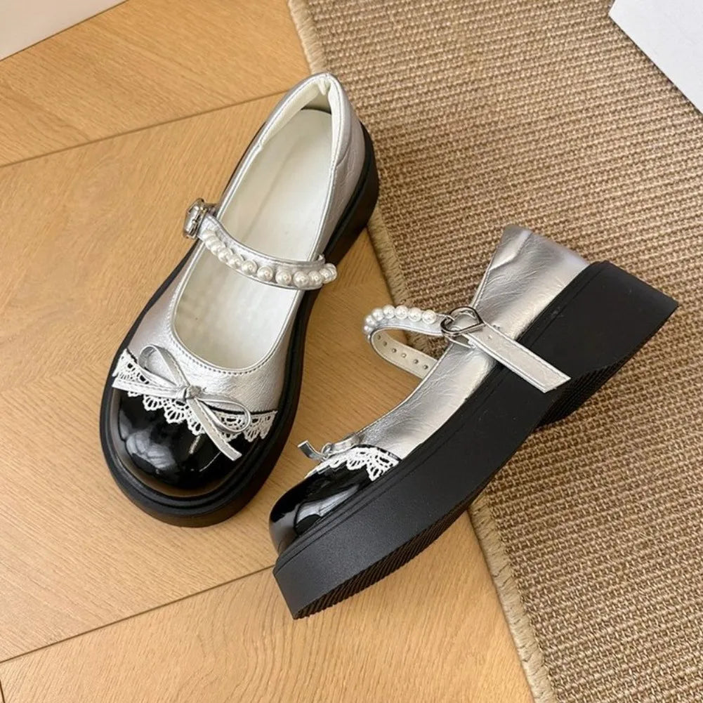 Women's Retro Silver Mary Jane Flats – Thick Soft Sole Shoes Mary Jane Flats Axl