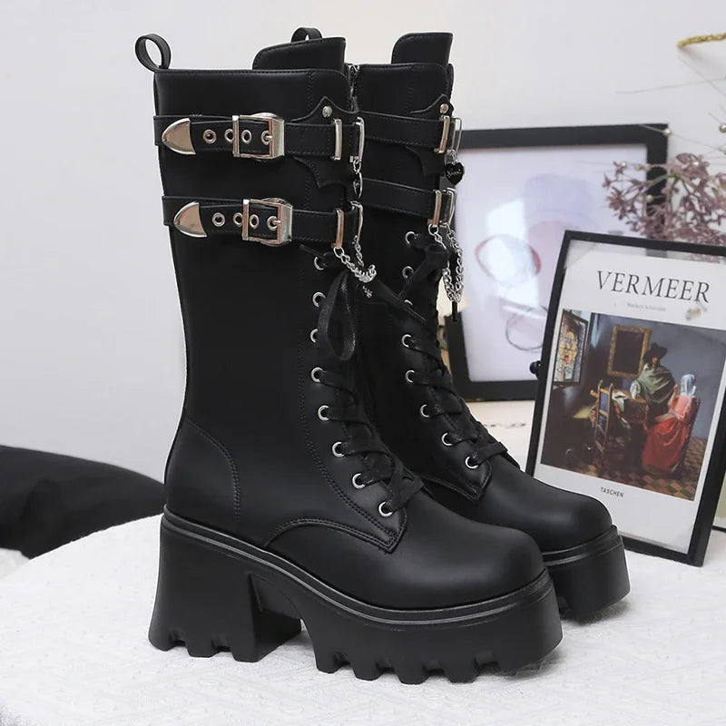 Women's Punk Platform Mid-Calf Boots | Chunky Wedge Moto Boot Platform Moto Boots Axl black 42