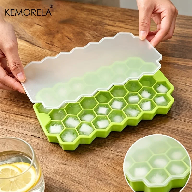 KEMORELA 37-Cell Silicone Honeycomb Ice Tray – Stackable Mold Silicone Ice Tray Axl Green With lid