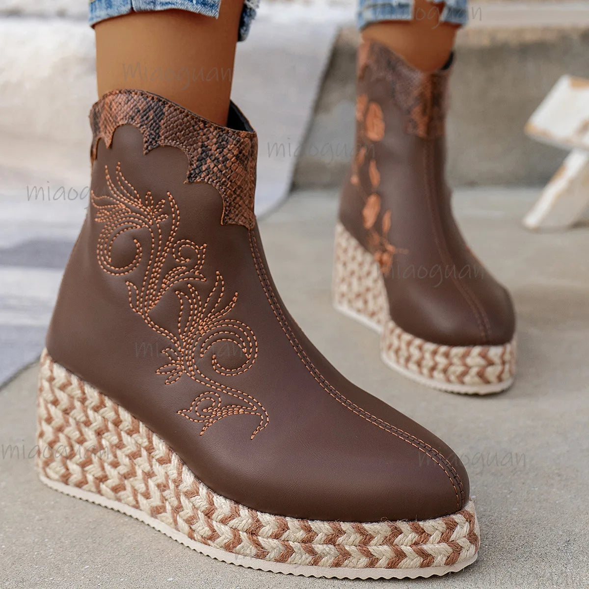 Women's Embroidery Wedge Ankle Boots | Retro Ethnic Platform Wedge Ankle Boots Axl