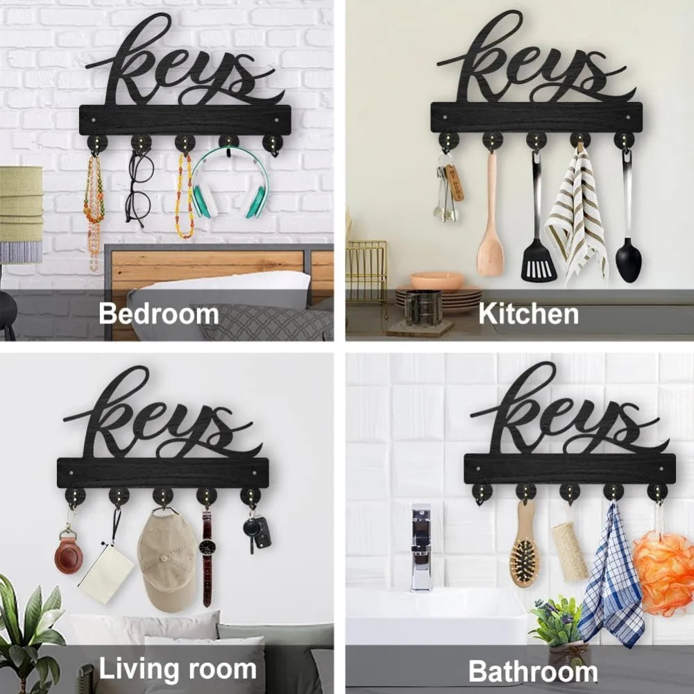 Wood Wall Key Rack with 5 Hooks – Black Entryway Organizer Wall Key Rack Axl
