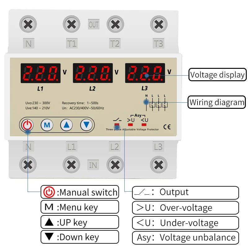 3-Phase Voltage Protector 63A 380V DIN Rail | Auto Recovery Voltage Protector Axl