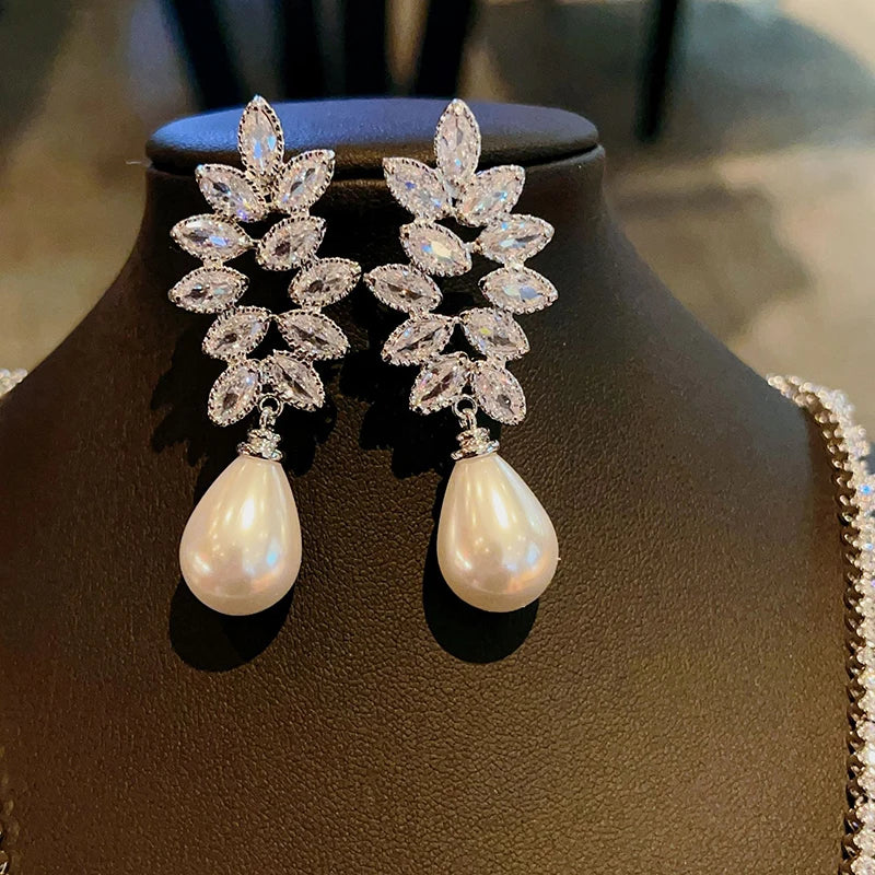 Huitan Pearl & CZ Crystal Dangle Earrings – Bridal Wedding Gift Pearl Drop Earrings Axl E3667
