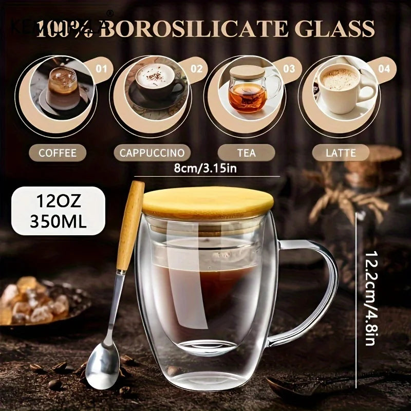 Double Wall Glass Coffee Mugs Set of 2 with Lid & Spoon | KEMORELA Glass Coffee Mug Set Axl