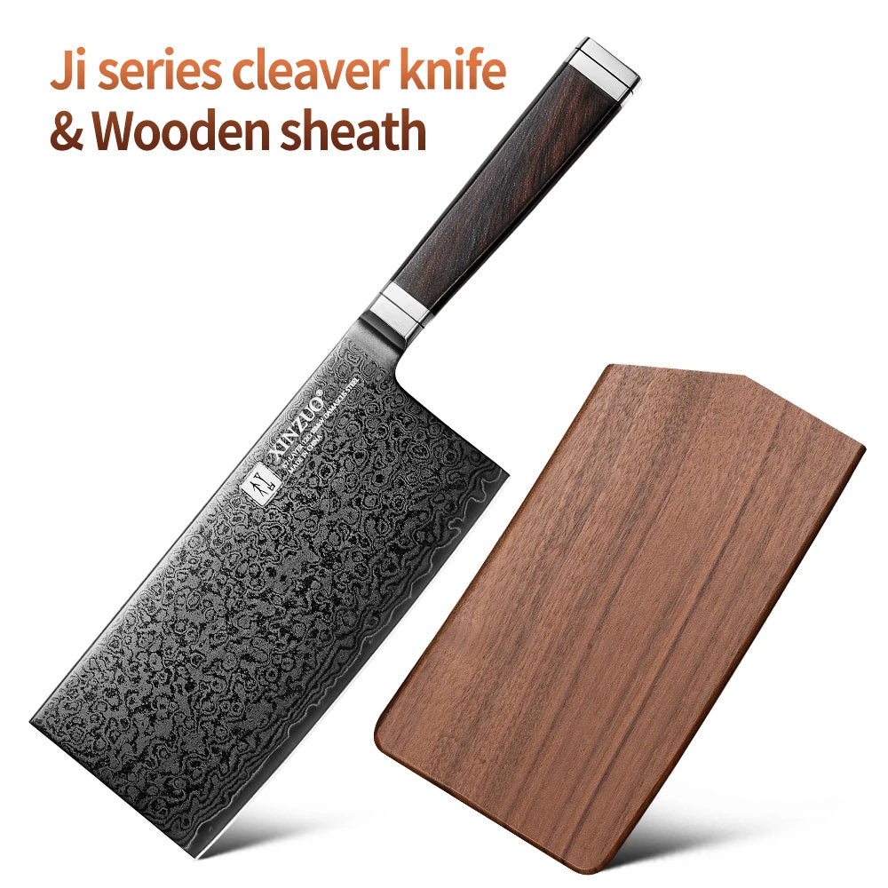XINZUO 7" Damascus Steel Cleaver Knife – 67-Layer, 60 HRC Damascus Cleaver Knife Axl with Wooden sheath