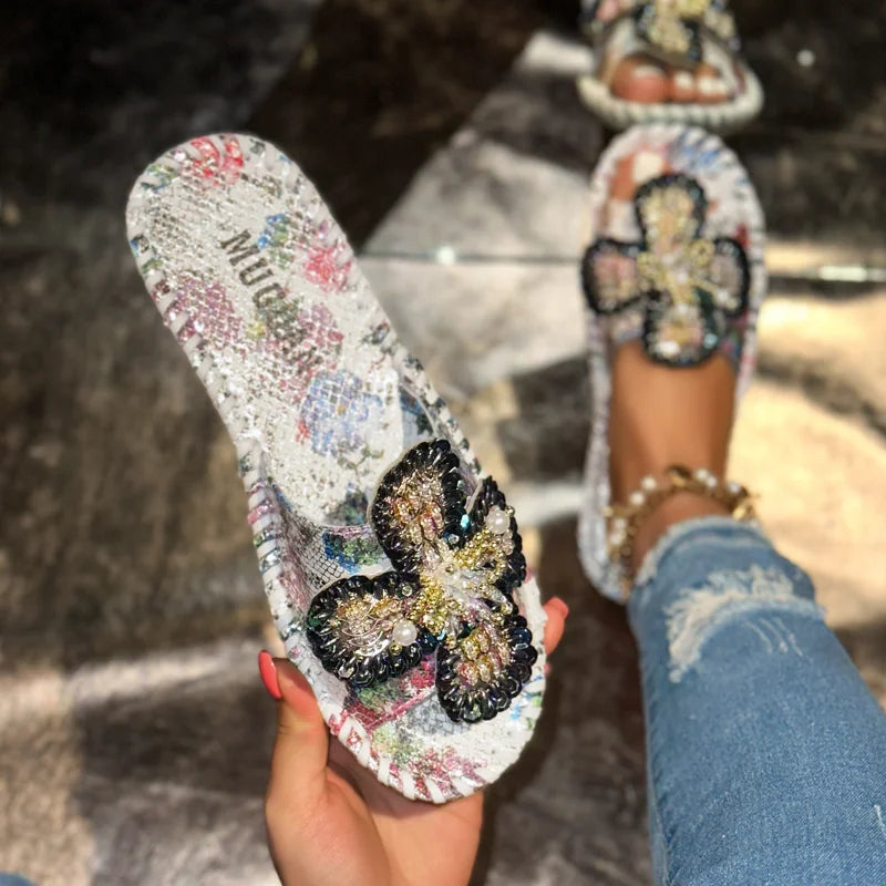 UXST Women Platform Slippers – Pearl Flower Printed Leather Platform Slippers Axl