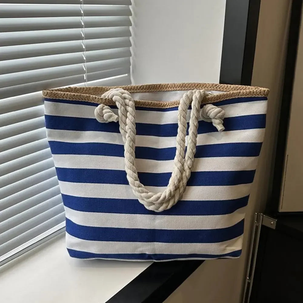 Women's Striped Canvas Tote Bag – Beach & Everyday Handbag Canvas Tote Bag Axl blue stripe