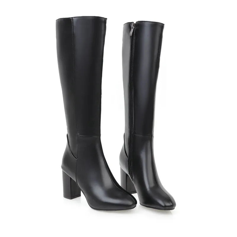 Women's Knee High PU Leather Block Heel Boots – Side Zip Knee High Boots Axl