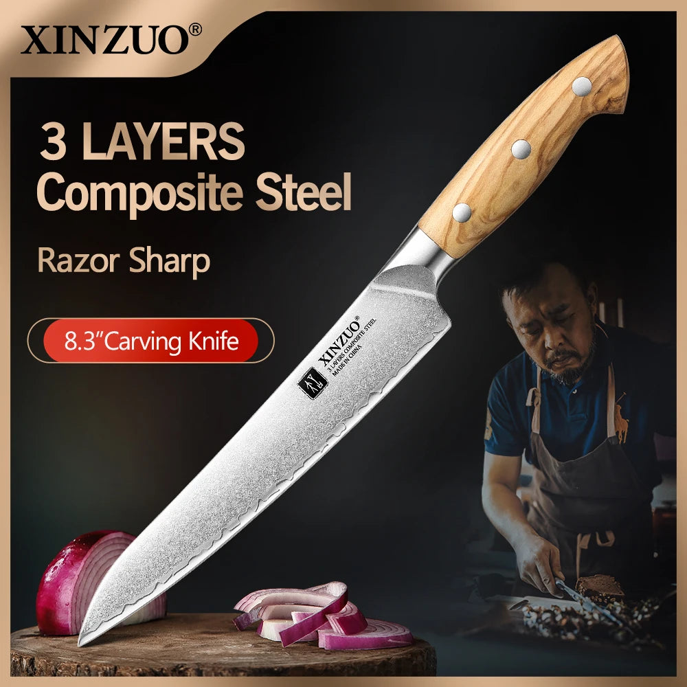 XINZUO 8.27" Damascus Carving Knife | Olive Wood Handle & Gift Box Carving Knife Axl China Mainland 8.5 inch