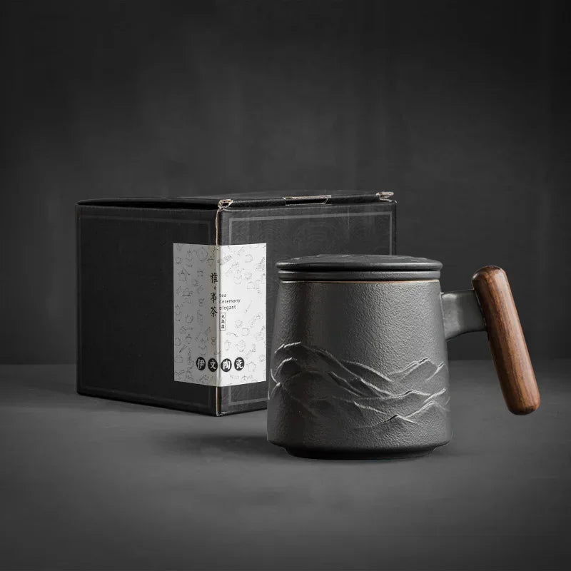 Retro Ceramic Coffee Mug with Lid & Wooden Handle | Gift Box Ceramic Coffee Mug Axl 16 301-400ml