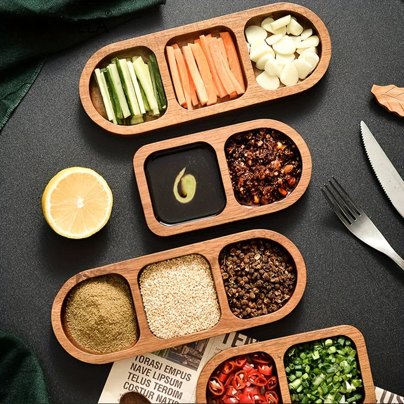 Solid Wood Condiment Tray – 2/3 Grid Sushi & Sauce Plate Wooden Serving Tray Axl