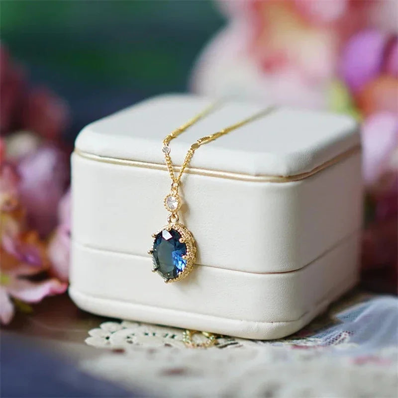Huitan Oval Blue Stone Pendant Necklace – Bridal Jewelry Gift Pendant Necklace Axl