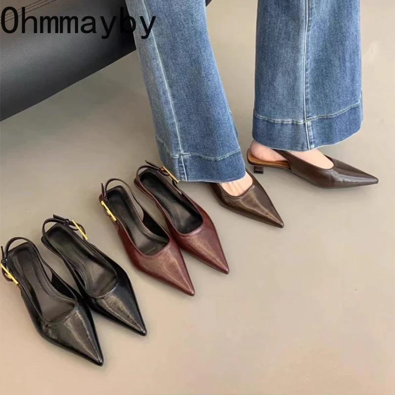 Women's Pointed Toe Slingback Mule Sandals | Low Heel Party Shoes Women's Heeled Sandals Axl