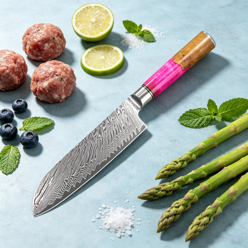 Damascus Steel Santoku Knife – Sharp 17.7cm Kitchen Blade Santoku Kitchen Knife Axl