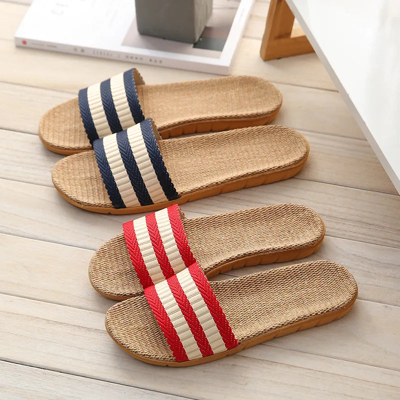 Striped Linen Slippers – Non-Slip EVA Breathable Indoor Sandals Linen Indoor Slippers Axl