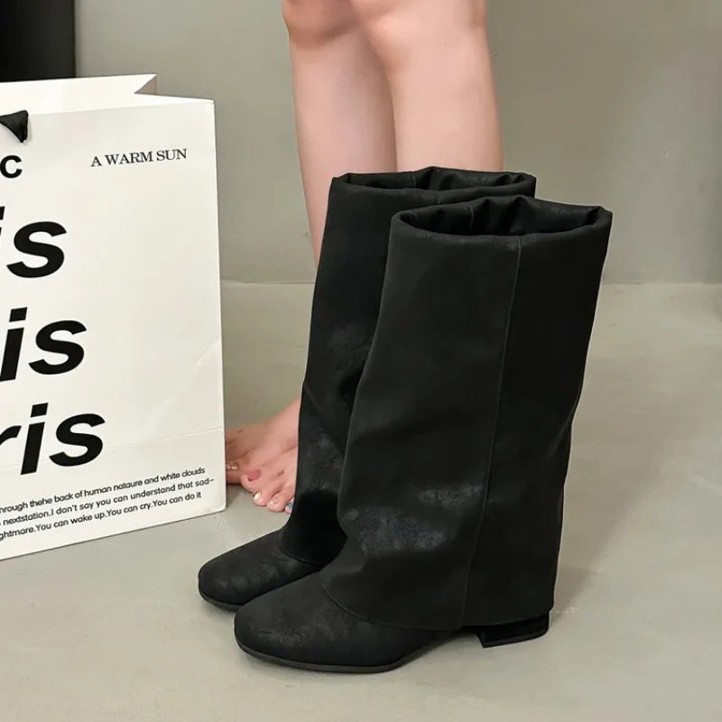 Women's Vintage Square Toe Mid-Calf Boots | Block Heel Slip-On Women's Mid-Calf Boots Axl