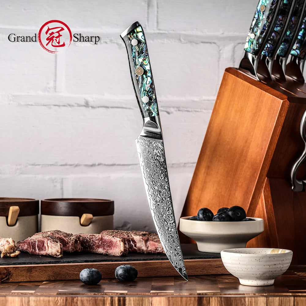 GrandSharp AUS-10 Damascus Steel Steak Knife | Japanese Steel Damascus Steak Knife Axl