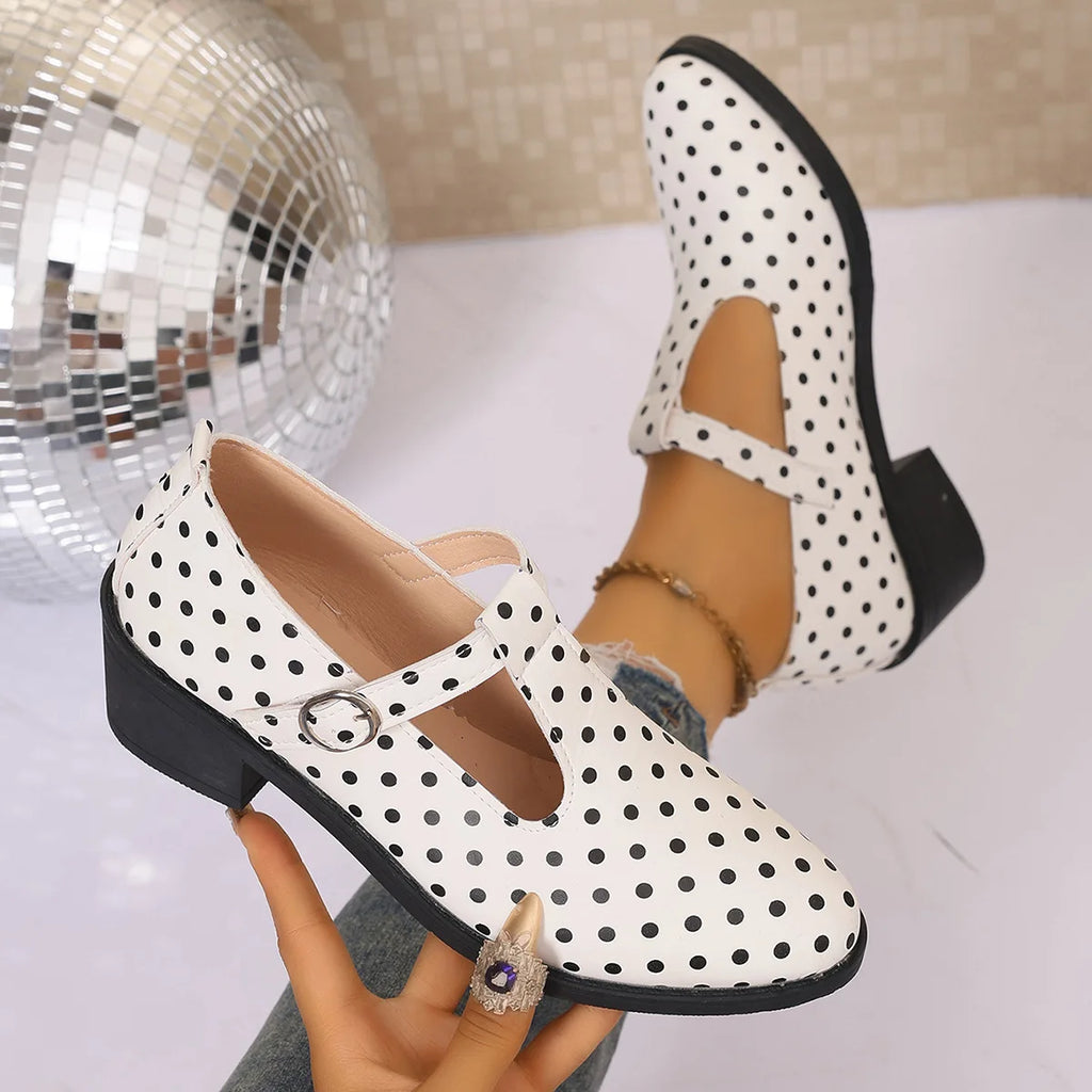 Women's Polka Dot Mary Jane Pumps – Low Block Heel Buckle Mary Jane Pumps Axl