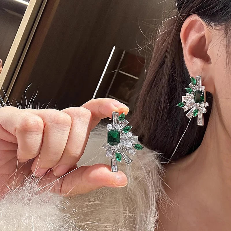 Huitan Green Cubic Zirconia Stud Earrings for Women | CZ Studs CZ Stud Earrings Axl