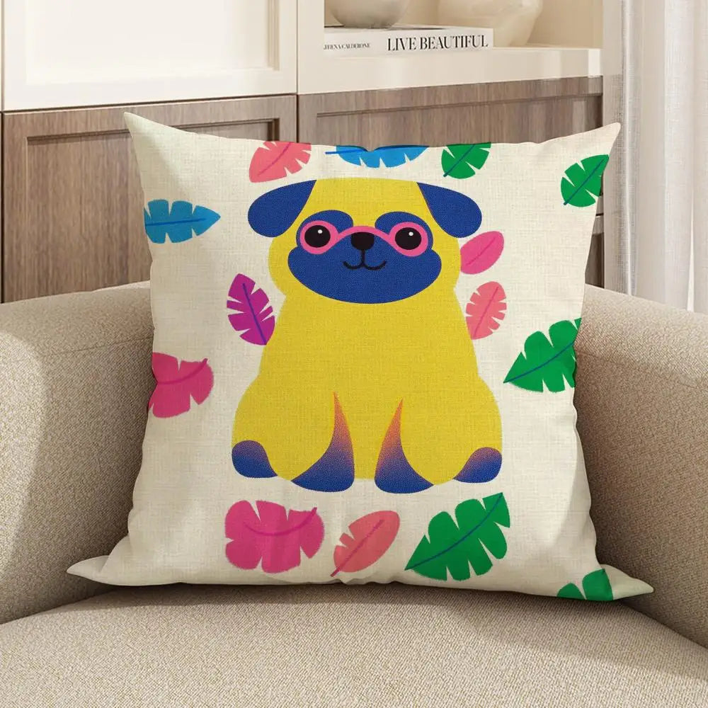 Pug Cartoon Linen Cushion Cover | Sofa, Bed & Chair Décor Decorative Cushion Cover Axl White8 50X50cm