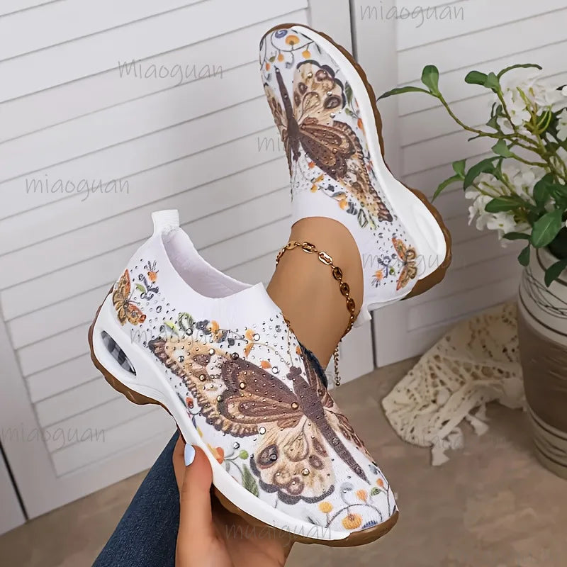 Women's Butterfly Print Platform Sneakers | Knit Slip-On Platform Sneakers Axl