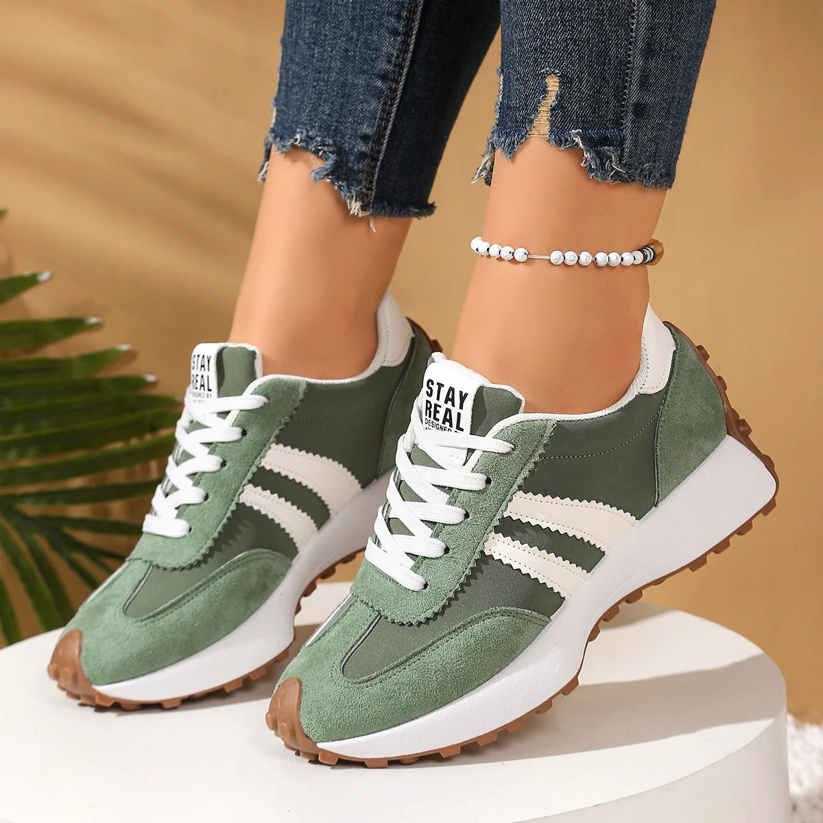 Women's Thick Sole Patchwork Sneakers – Waterproof Lace-Up Women's Sneakers Axl green 40
