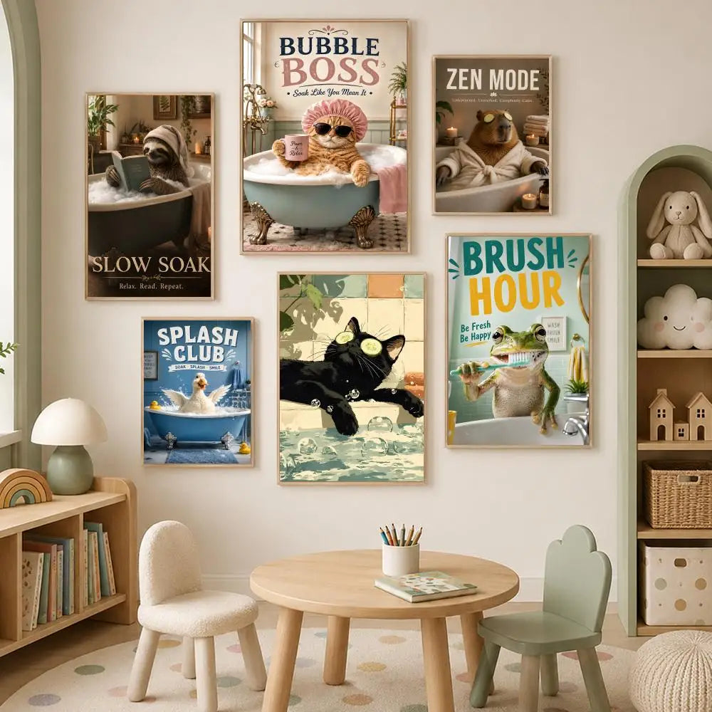Fun Bathroom Animals Self-Stick PVC Wall Art Poster | Waterproof Wall Art Poster Axl
