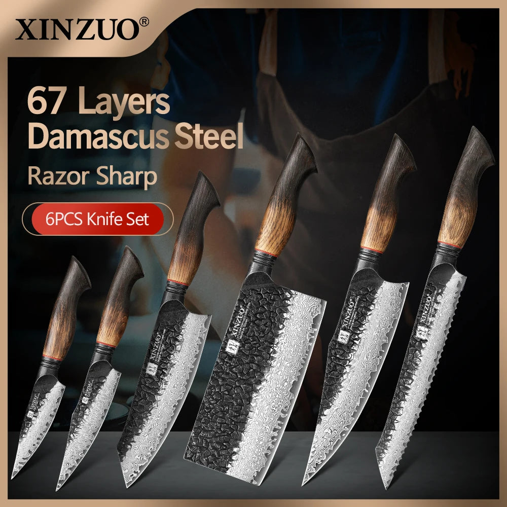 XINZUO 6-Piece Damascus Knife Set – 67-Layer Steel & Oak Handles Damascus Knife Set Axl