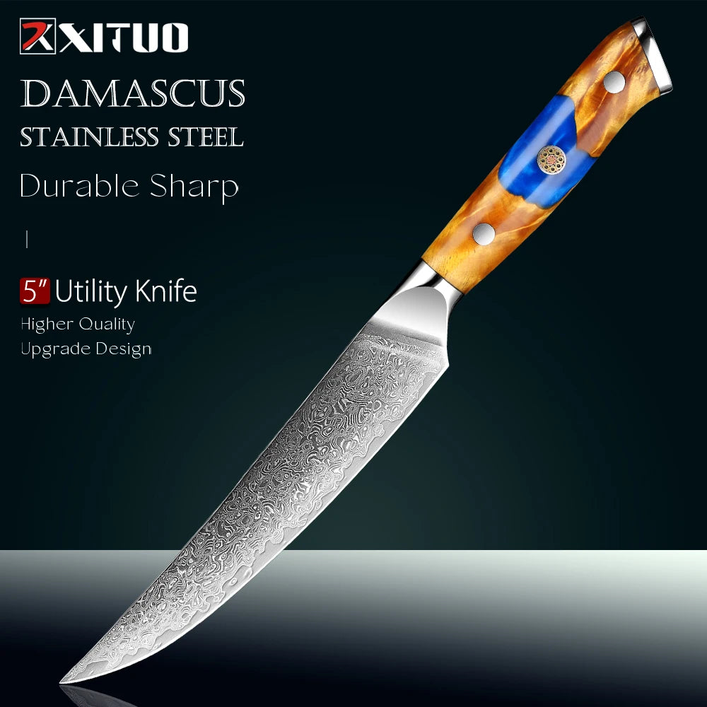 XITUO 5" Damascus Steel Japanese Petty Utility Knife | Full Tang Damascus Kitchen Knife Axl