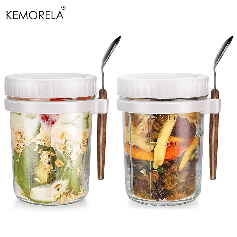 KEMORELA Overnight Oats Glass Cup with Spoon | Mason Tumbler Glass Meal Prep Cup Axl