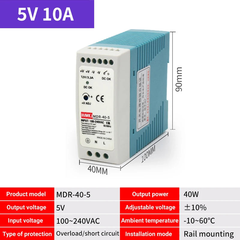 MDR DIN Rail Power Supply 5V 12V 24V | 10W–100W DC Switch DIN Rail Power Supply Axl MDR-40-5