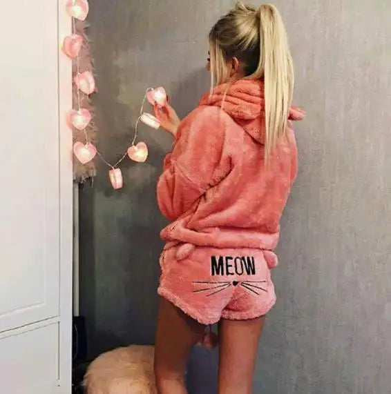 Women's Coral Velvet Hoodie Pajama Set – Cute Cat Print Pajama Set Axl 1 pink S