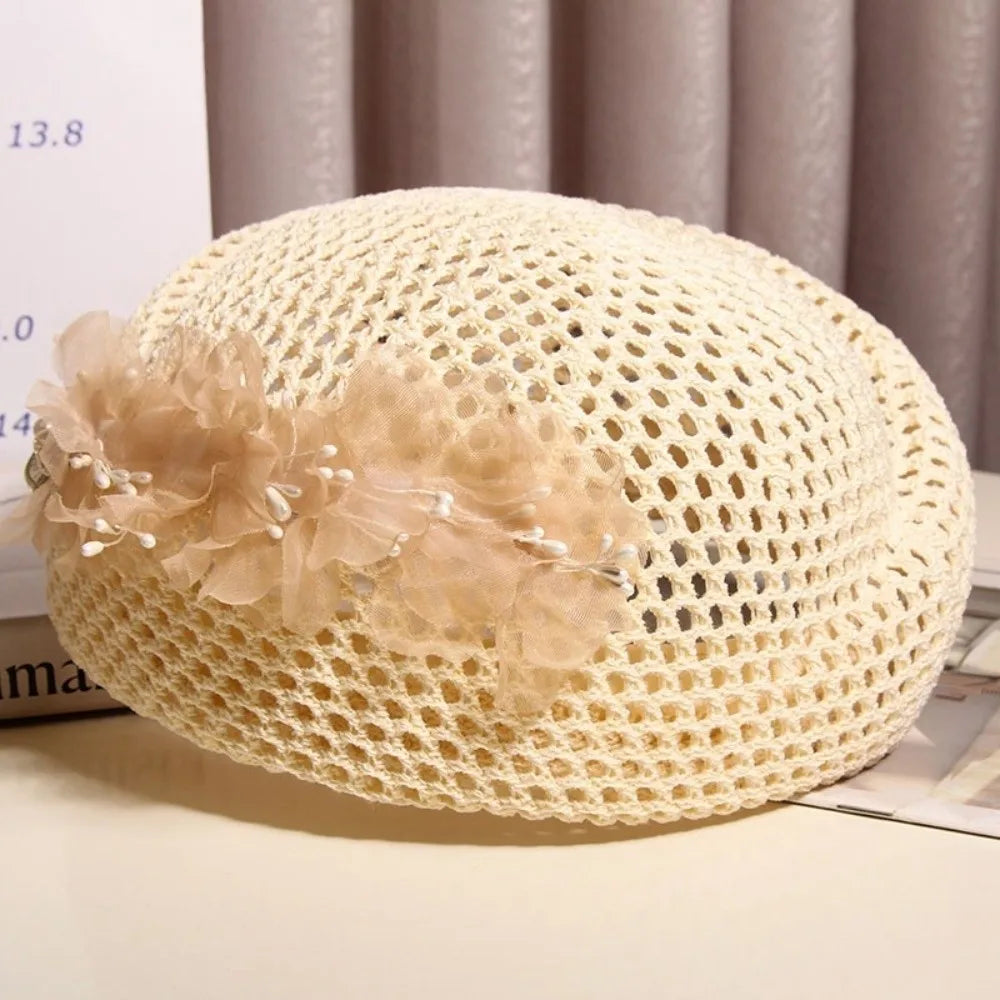 French Hollow-Out Floral Beret – Knit Polyester Cap for Women Knit Beret Hat Axl