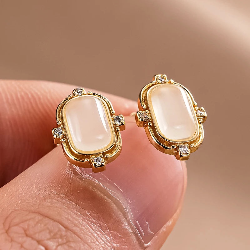 Huitan Opal & CZ Geometric Gold Stud Earrings for Women Stud Earrings Axl