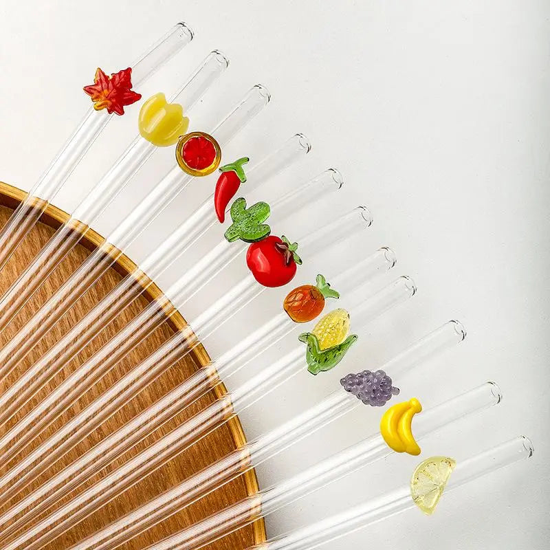 Reusable Fruit Design Glass Straw – Strawberry Cherry 20cm Glass Drinking Straw Axl