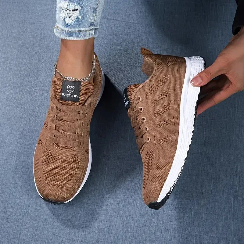 Women's Mesh Breathable Flat Sneakers – Casual Lace-Up Trainers Women's Flat Sneakers Axl Khaki 37