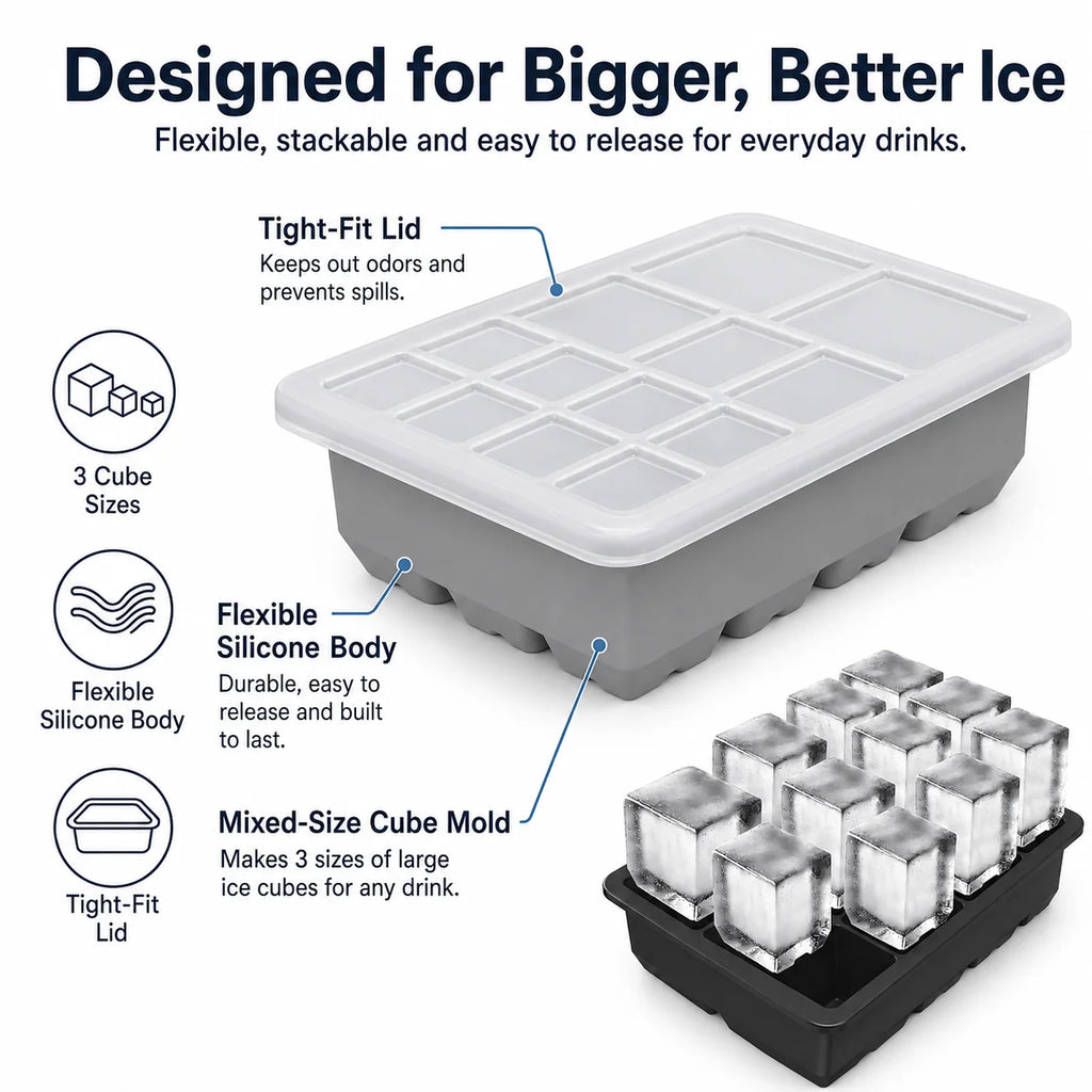 Silicone Ice Cube Tray with Lid – 13-Cavity Stackable Mold Silicone Ice Tray Axl