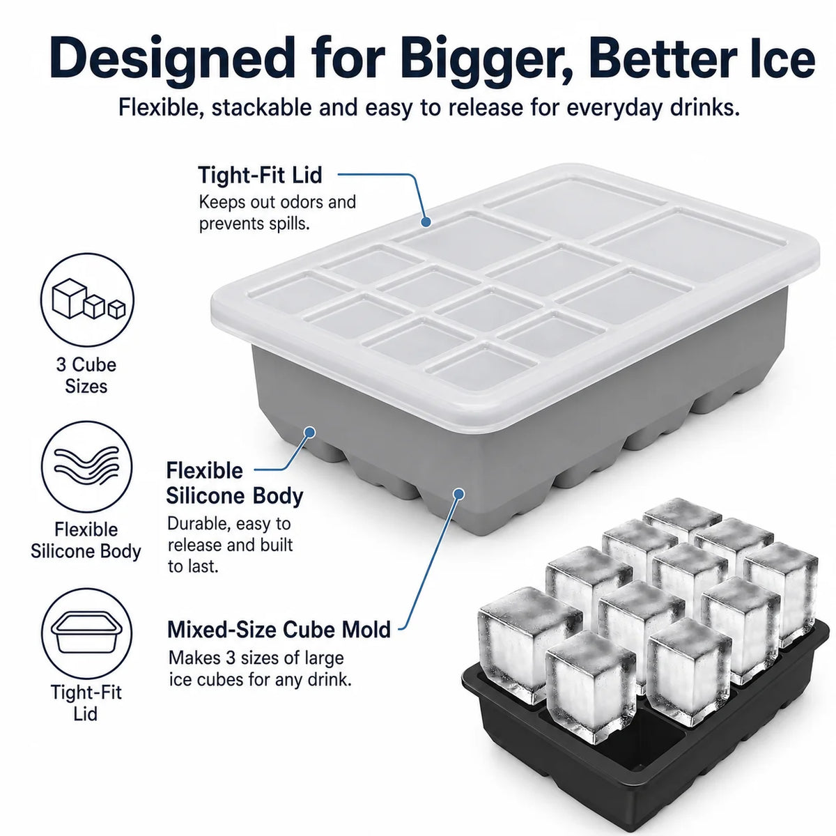Silicone Ice Cube Tray with Lid – 13-Cavity Stackable Mold Silicone Ice Tray Axl