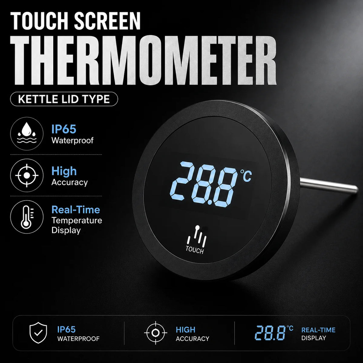 IP65 Waterproof Digital Kettle Lid Thermometer | LCD Touch Screen Kitchen Thermometer Axl