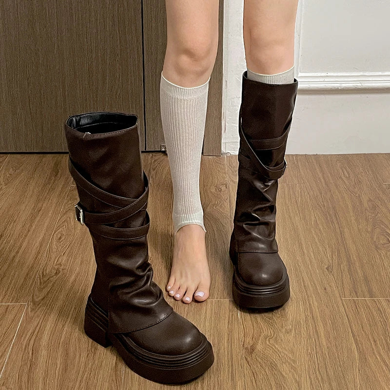 Women's Knee-High Knight Boots – Vintage Block Heel Slip-On Knee-High Boots Axl
