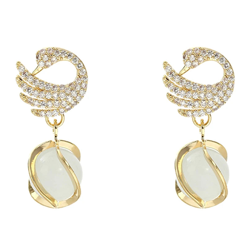 Crystal Swan Drop Earrings – Sparkling Women's Fashion Jewelry Drop Earrings Axl 1pair
