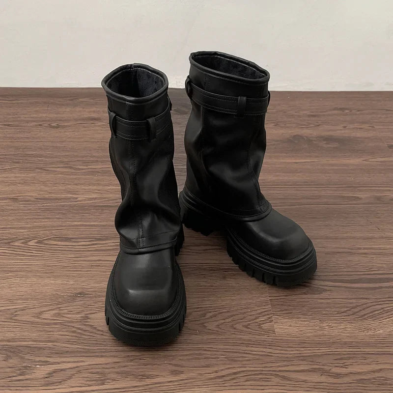 Women's Winter Platform Biker Boots – Belt Buckle Mid-Calf Women's Platform Boots Axl 40 black