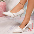 Pearl Chain High Heel Wedding Pumps | Ribbon Bow Slip-On High Heel Pumps Axl 41 WHITE