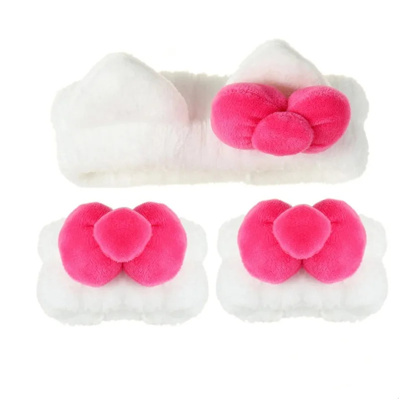 White Pink Plush Cat Ear Headband & Scrunchies Set Hair Accessory Set Axl white-3PCS
